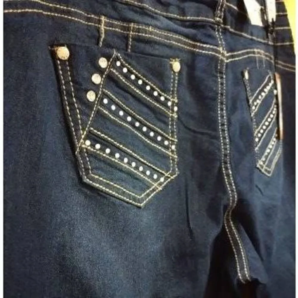 NWT Saza Denim Long Bermuda Jean Shorts Rhinestone Pockets Dark Blue Sz 20